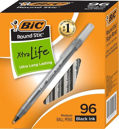 أقلام حبر جاف BIC Round Stic Xtra Life - نقطة متوسطة 1.0 مم، تدفق حبر ثابت وطويل الأمد للغاية، عبوة مكونة من 96 قلمًا أسود in Kuwait