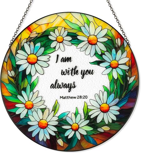 Daisy Stained Glass Suncatcher - 9.8inch Floral and Bible Sun Catcher Glass Panel Window Hanging Pendant Religious Wall Art Decor with Chain, Gifts for Easter Christian Faith Housewarming in Kuwait