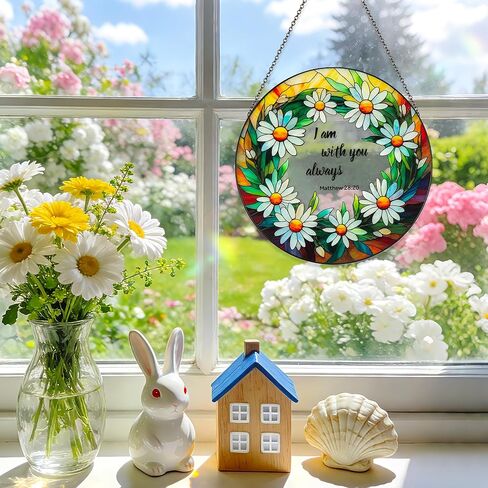 Daisy Stained Glass Suncatcher - 9.8inch Floral and Bible Sun Catcher Glass Panel Window Hanging Pendant Religious Wall Art Decor with Chain, Gifts for Easter Christian Faith Housewarming in Kuwait