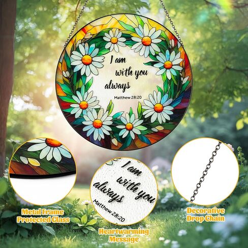 Daisy Stained Glass Suncatcher - 9.8inch Floral and Bible Sun Catcher Glass Panel Window Hanging Pendant Religious Wall Art Decor with Chain, Gifts for Easter Christian Faith Housewarming in Kuwait