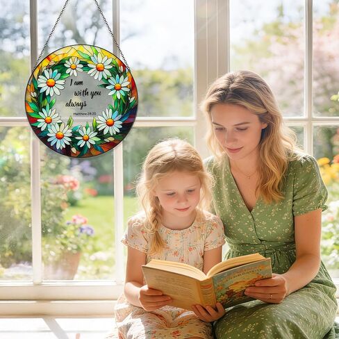 Daisy Stained Glass Suncatcher - 9.8inch Floral and Bible Sun Catcher Glass Panel Window Hanging Pendant Religious Wall Art Decor with Chain, Gifts for Easter Christian Faith Housewarming in Kuwait