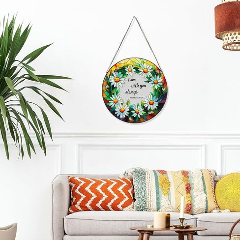 Daisy Stained Glass Suncatcher - 9.8inch Floral and Bible Sun Catcher Glass Panel Window Hanging Pendant Religious Wall Art Decor with Chain, Gifts for Easter Christian Faith Housewarming in Kuwait