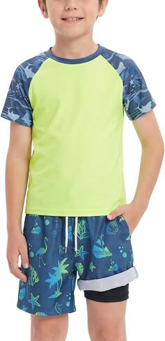 Hotfiary Boys Rash Guard Swimsuit Two Piece Kids Short Sleeve Swim Shirt & Trunks with Compression Liner UPF 50+ Bathing Suit in Saudi Arabia