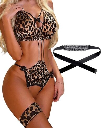 Leopard Print Lingerie for Women - 3 Pcs Leopard Bodysuit Set Black Lace Eye Mask Black Stockings Wedding Night Valentine's Day Gift in Saudi Arabia