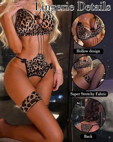 Leopard Print Lingerie for Women - 3 Pcs Leopard Bodysuit Set Black Lace Eye Mask Black Stockings Wedding Night Valentine's Day Gift in Saudi Arabia