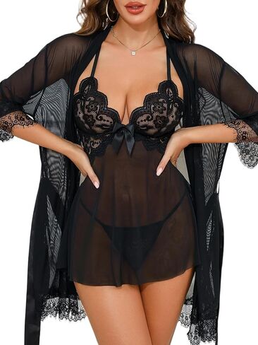 Donnalla Women's 3 Piece Babydoll Lingerie Set with Kimono Robe & G-String, Lace Chemise & Mesh Nightgown in Saudi Arabia