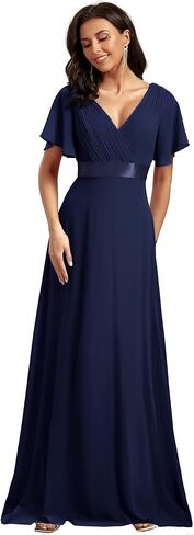 فستان سهرة طويل بأكمام قصيرة ورقبة على شكل حرف V للنساء من Ever-Pretty 09890 in Kuwait