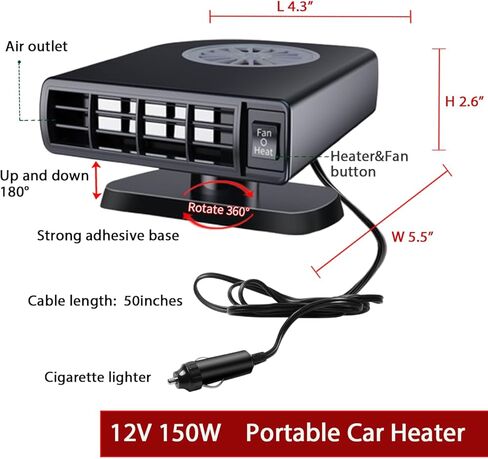 سخان سيارة 12 فولت، مزيل الجليد عن الزجاج الأمامي بقدرة 150 وات، دوران 360 درجة، وظيفة تسخين وتبريد سريعة 2 في 1، قابس في ولاعة السجائر ومزيل صقيع السيارة - مثالي للسيارات 12 فولت، سيارات الدفع الرباعي، الشاحنات، سيارات الأجرة in Kuwait