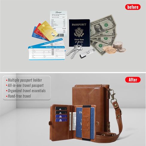 محفظة حامل جواز السفر العائلية من ASAPDOS RFID، تحمل 2-3 جوازات سفر للسفر مع فتحات لبطاقة الائتمان وحزام حول الجسم للمعصم، بني in Kuwait