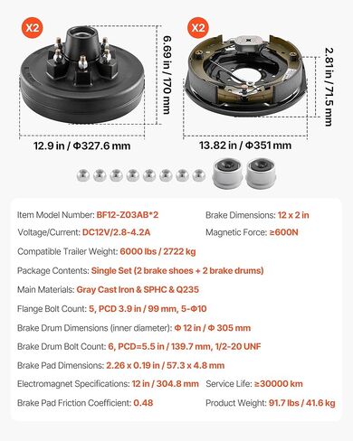VEVOR Electric Trailer Brake Assembly, 12 x 2 Inch, 1 Pair Self-Adjusting Electric Brakes Kit for 6000 lbs Trailer Axle, Backing Plates for Braking System Part Replacement, Fit for Trailers, RVs in Saudi Arabia