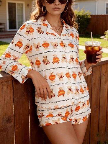 Women's Beverage Print Pajama Set Long Sleeve Crew Neck Top and Pants Playful Loungewear Sleepwear pi set in Saudi Arabia
