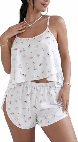 Women's Two-Piece Pajama Set including a printed top and lace-trimmed shorts a comfortable and cute loungewear set in Saudi Arabia