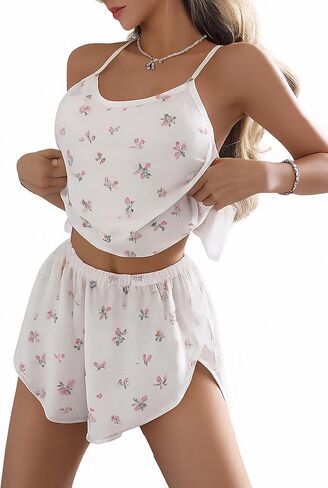 Women's Two-Piece Pajama Set including a printed top and lace-trimmed shorts a comfortable and cute loungewear set in Saudi Arabia