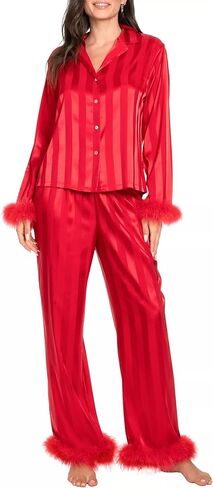 Women Satin Feather Trim Pajama Set Striped Print Long Sleeve Button Shirts with Pants 2 Piece Silk Pjs Set in Saudi Arabia