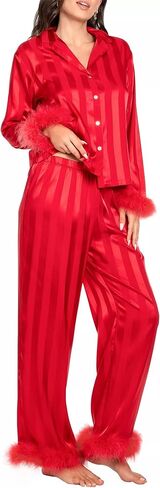 Women Satin Feather Trim Pajama Set Striped Print Long Sleeve Button Shirts with Pants 2 Piece Silk Pjs Set in Saudi Arabia
