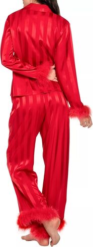 Women Satin Feather Trim Pajama Set Striped Print Long Sleeve Button Shirts with Pants 2 Piece Silk Pjs Set in Saudi Arabia