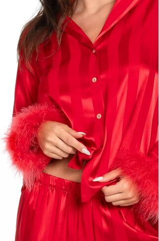 Women Satin Feather Trim Pajama Set Striped Print Long Sleeve Button Shirts with Pants 2 Piece Silk Pjs Set in Saudi Arabia
