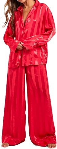 Women Satin Feather Trim Pajama Set Striped Print Long Sleeve Button Shirts with Pants 2 Piece Silk Pjs Set in Saudi Arabia