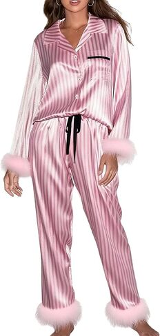 Women Satin Feather Trim Pajama Set Striped Print Long Sleeve Button Shirts with Pants 2 Piece Silk Pjs Set in Saudi Arabia