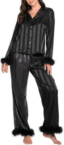 Women Satin Feather Trim Pajama Set Striped Print Long Sleeve Button Shirts with Pants 2 Piece Silk Pjs Set in Saudi Arabia