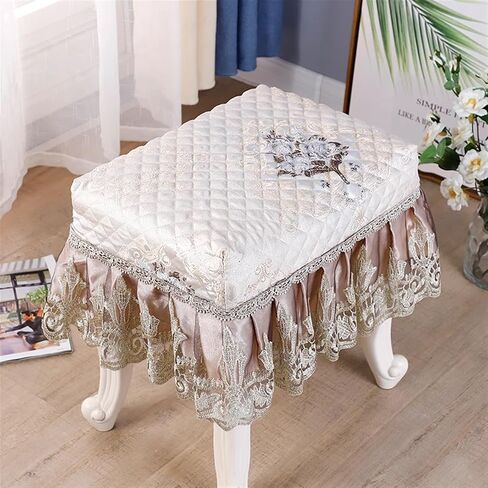 2Pcs Piano Stool Cover Flora Printed Lace Embroidery Chair Seat Pad Slipcover | Long Chair Protector Covers with Removable Washable Design for Cosmetic Stool in Saudi Arabia