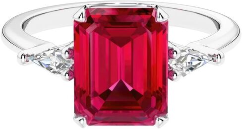 Solid 14k White or Yellow Gold 3.50 Carats Emerald Cut Lab Grown Ruby Ring with Kite Shape Diamond Sides, 3 Stone Engagement, July Birthstone, Birthday, Anniversary, Wedding Gift for Women, w/ Jewelry Box, Sizes 4-10 in Saudi Arabia