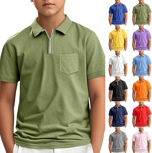 Kids Boys Quarter Zip Pique Shirts Short Sleeve Collared School Uniform Shirt Performance Tops with Chest Pocket in Saudi Arabia