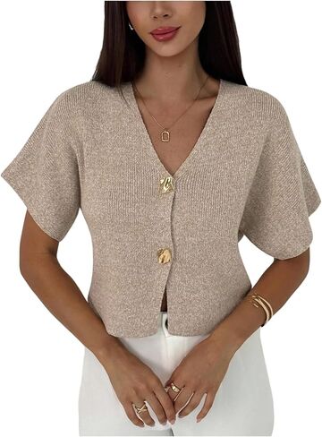 QJQ Women's Short Sleeve Cardigan Sweater Button Down Knit Tops V Neck Lightweight Pullover Tops in Saudi Arabia