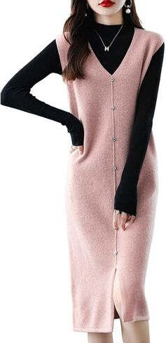 chouyatou Women's Sweater Vest Long Dress Elegant Below Knee Knitted Overall Dress Sleeveless Jumper Midi Dress in Saudi Arabia