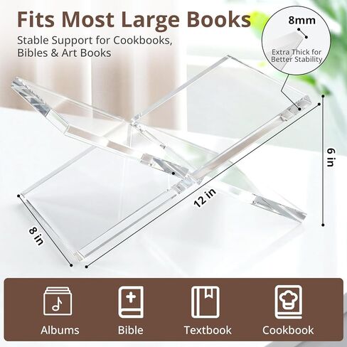 حامل كتب أكريليك مقاس 12 × 8 × 6، حامل كتب شفاف بسمك 8 مم وحامل عرض لكتب الطبخ والأناجيل والكتب الفنية وكتب الوصفات وألبومات الصور والقراءة المكتبية وديكور طاولة القهوة in Kuwait
