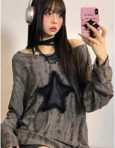 قمصان Y2k عصرية من Emo ملابس الجرونج ملابس قوطية ملابس عتيقة مكشوفة الكتف وأكمام طويلة موضة 2000s in Kuwait