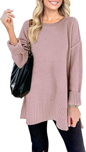 MEROKEETY Women's Fall Winter Oversized Pullover Sweater Spring Casual Loose Crew Neck Long Sleeve Side Split Jumper Tops in Saudi Arabia