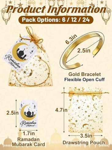Cosweet 6/12/24 Sets Ayatul Kursi Bracelet Ramadan Eid Gifts Bulk - Gold Arabic Quran Cuff Bracelets with Ramadan Mubarak Cards & Drawstring Pouches for Party Favors, Islamic Muslim Jewelry for Women in Saudi Arabia
