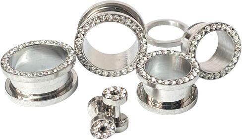 PAIR of Stunning Clear CZ Gem Rimmed 316L Surgical Steel Screw Fit Tunnel - Plugs - Gauges - Body Jewelry in Saudi Arabia