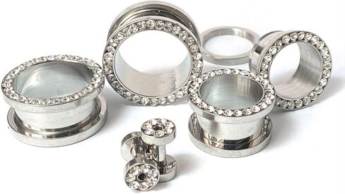 PAIR of Stunning Clear CZ Gem Rimmed 316L Surgical Steel Screw Fit Tunnel - Plugs - Gauges - Body Jewelry in Saudi Arabia