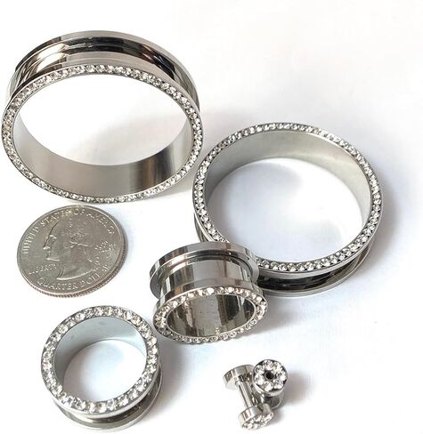 PAIR of Stunning Clear CZ Gem Rimmed 316L Surgical Steel Screw Fit Tunnel - Plugs - Gauges - Body Jewelry in Saudi Arabia