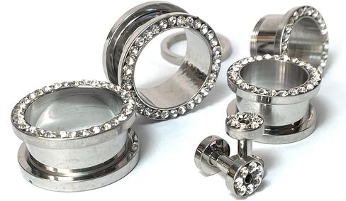 PAIR of Stunning Clear CZ Gem Rimmed 316L Surgical Steel Screw Fit Tunnel - Plugs - Gauges - Body Jewelry in Saudi Arabia