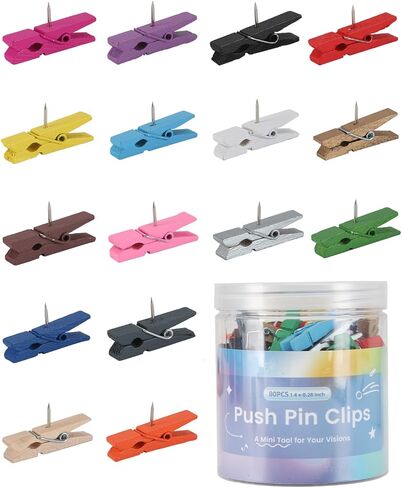 80Pcs Colorful Wooden Push Pin Clips, Decorative Thumbtack for Bulletin Board ＆ Cork Board, Classrooms ＆ Office Supplies, Home Use in Kuwait