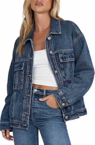 Kedera Womens Oversized Jean Jacket Casual Long Sleeve Button Down Denim Jacket Fall Bike Coat in Saudi Arabia