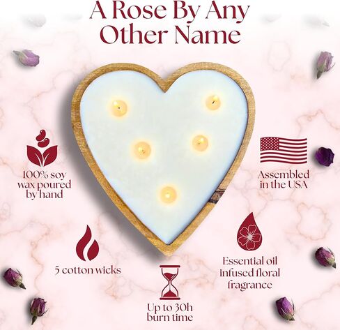 شمعة من شركة Dough Bowl Candle Co. شمعة الورد - شموع الصويا المعطرة على شكل قلب كبيرة مقاس 10 × 10 × 2 للنساء، هدايا ديكور عيد الحب للمنزل، 5 فتيل أبيض للعلاج بالروائح الطبيعية المزخرفة، وقت حرق لمدة 30 ساعة in Kuwait