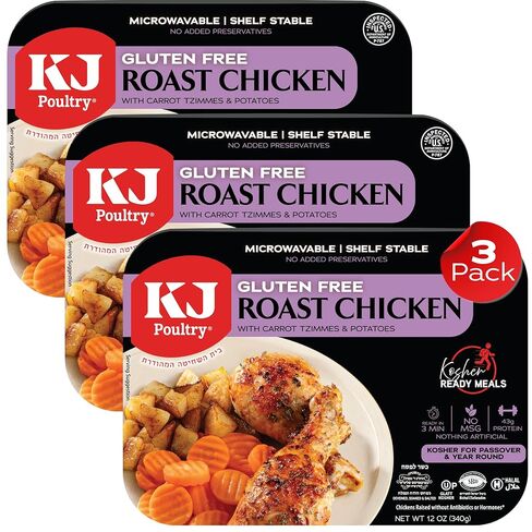 KJ Poultry Kosher for Passover Gluten Free Meals, Roast Chicken with Potato & Carrots, Halal, (1 Pack) Prepared Entree Fully Cooked, Shelf Stable Microwave Dinner, Travel Military Camping in Saudi Arabia