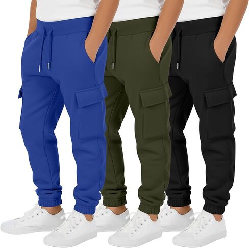 3 Pack Boy's Cargo Sweatpants Kids Teens Drawstring Running Joggers with Pockets Elastic Waistband Athletic Pants in Saudi Arabia
