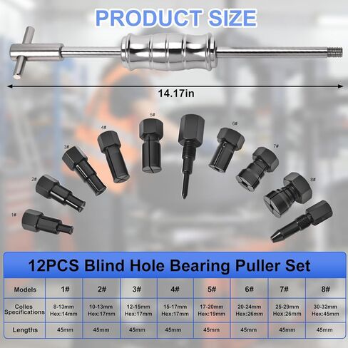 12PCS Blind Hole Bearing Puller Set with Slide Hammer, High Strength Internal Extractor Kit with Expandable Collets 8-32MM, Insert Bearing Remover Tool for ATV, Motorcycle, Bike & Auto Wheels in Saudi Arabia