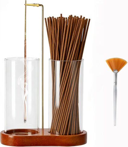 Incense Holder with 2 High Glass Bottle,Wooden Base Incense Stick Holder for Desktop,Incense Burner for Ash Collection,Ash Container in Saudi Arabia