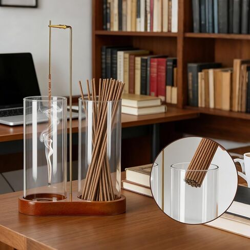Incense Holder with 2 High Glass Bottle,Wooden Base Incense Stick Holder for Desktop,Incense Burner for Ash Collection,Ash Container in Saudi Arabia