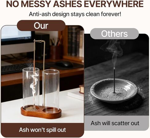 Incense Holder with 2 High Glass Bottle,Wooden Base Incense Stick Holder for Desktop,Incense Burner for Ash Collection,Ash Container in Saudi Arabia