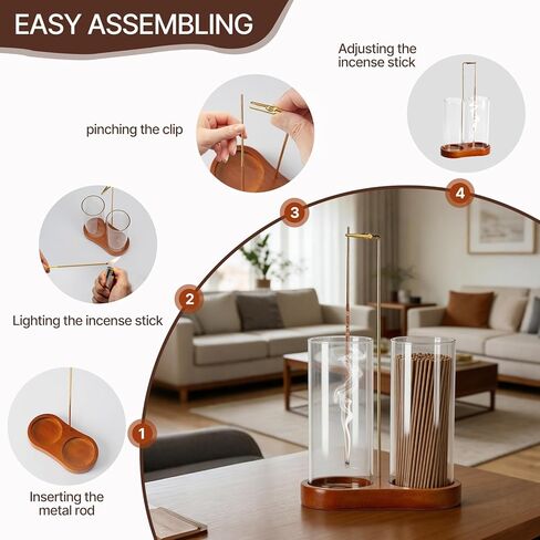 Incense Holder with 2 High Glass Bottle,Wooden Base Incense Stick Holder for Desktop,Incense Burner for Ash Collection,Ash Container in Saudi Arabia