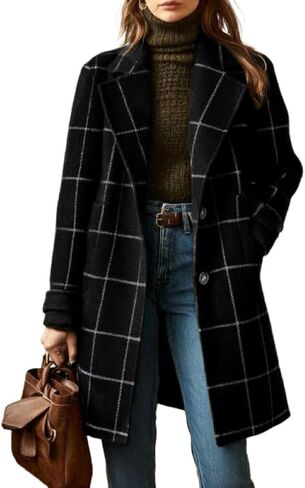 chouyatou Women's Winter Notched Collar Plaid Wool Trench Coat Button Down Mid Long Overcoat Outerwear in Saudi Arabia