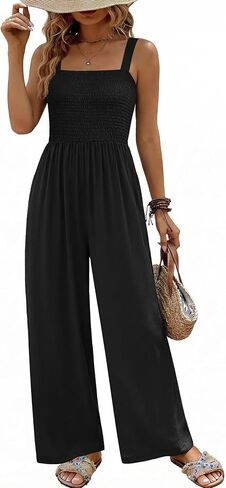 Ekouaer Women's Casual Loose Jumpsuits One Piece Sleeveless Overalls Printed Long Pant Romper Fashion Boho Jumper with Pocket in Kuwait