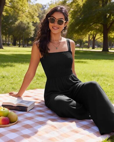 Ekouaer Women's Casual Loose Jumpsuits One Piece Sleeveless Overalls Printed Long Pant Romper Fashion Boho Jumper with Pocket in Kuwait